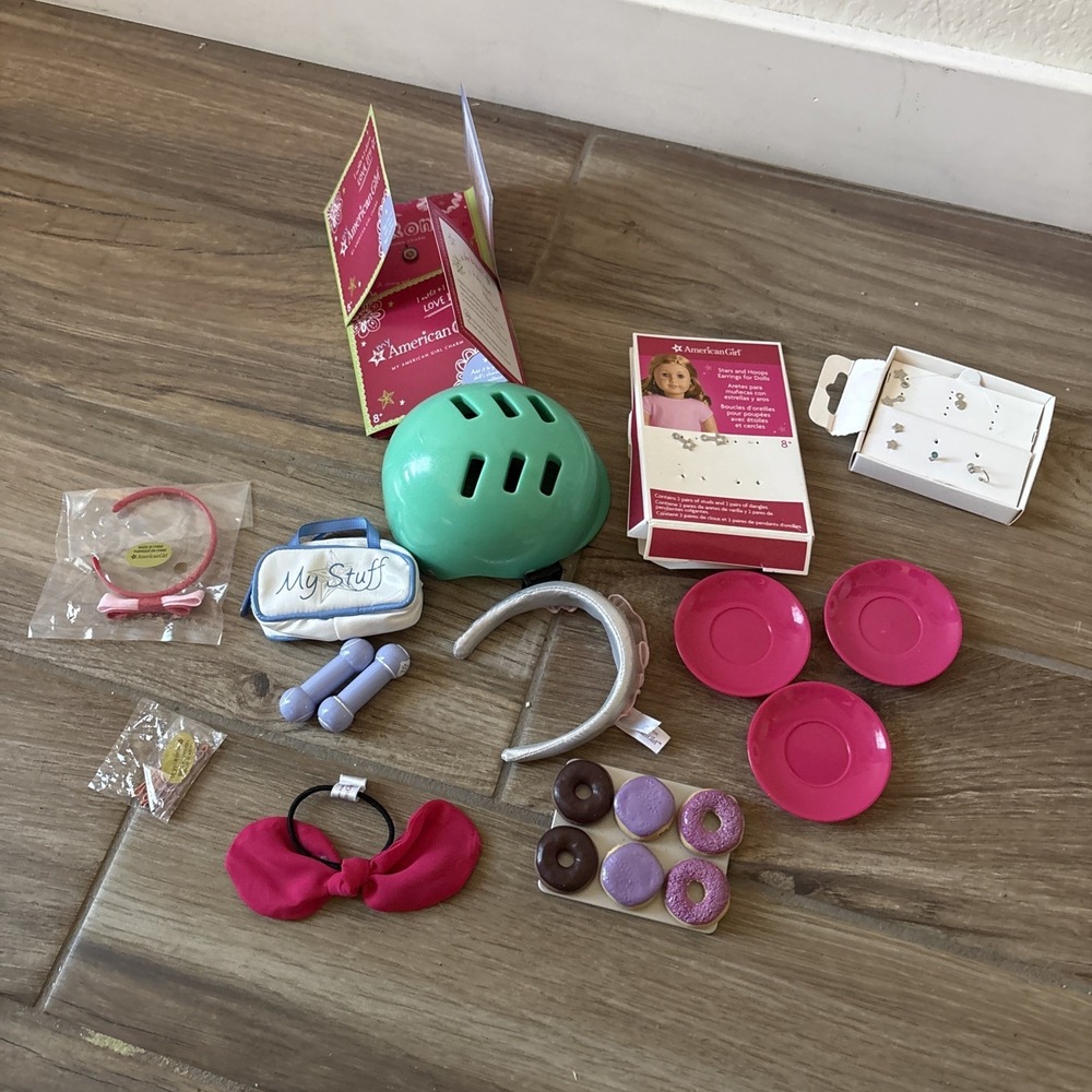 American Girl Accessories, Lot Of 16, Helmet, Plates, Headbands, Donuts, Weights